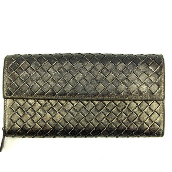 💎Authentic💎Bottega Veneta Metallic Bifold Long Wallet Intrecciato Leather - Picture 1 of 15